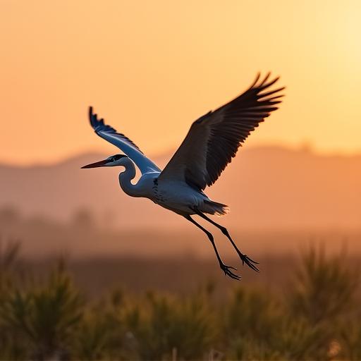 Airone cenerino in volo sopra le paludi pontine al tramonto
