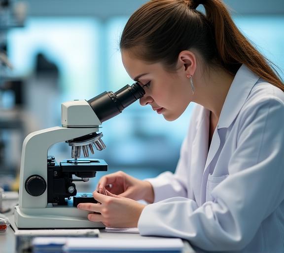 Ricercatrice che analizza campioni di penne in laboratorio ornitologico